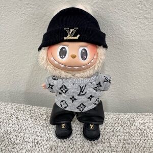 Black luxury leather outfit set for Labubu